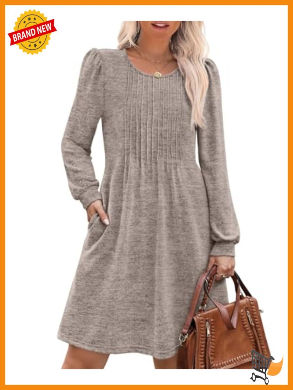 Long Sleeve Pleated Babydoll Sweater Dress with Pockets